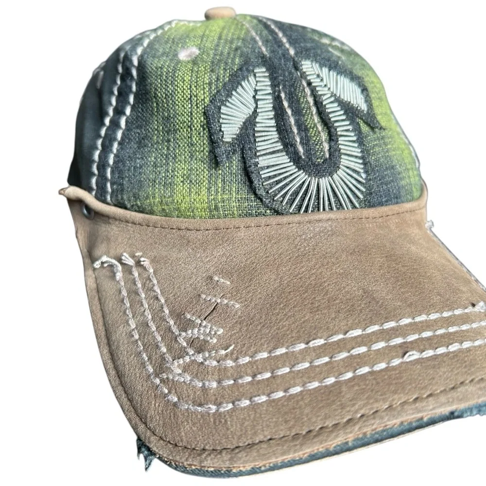 True Religion Distressed Plaid Trucker Hat Brown Green Y2K Horseshoe OS